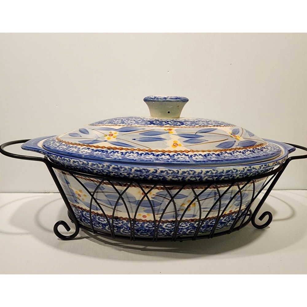Temp-Tations Old World Blue  Oval 3.5 qt Casserole Dish with Lid  & Rack